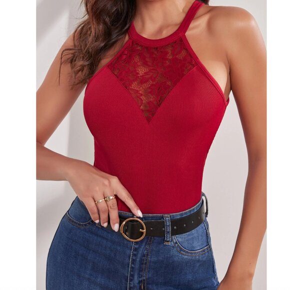 SHEIN Small Red Contrast Lace Cut Out in Front Ribbed Knit Halter Top Privé - Picture 1 of 6